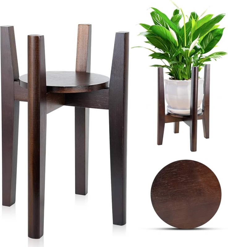 Adjustable Wood Plant Holder in Walnut Brown with Tapered Legs.