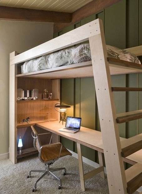 Adult Loft Bed Light Natural Wood with Integrated Desk