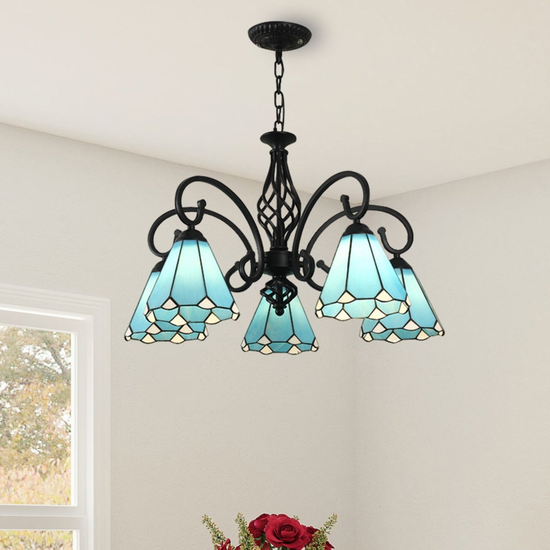Aeyee Tiffany Pendant Light Fixture, Stained Glass Hanging Light, Vintage Blue Chandeliers for Living Room Stairway Foyer 5 Lights