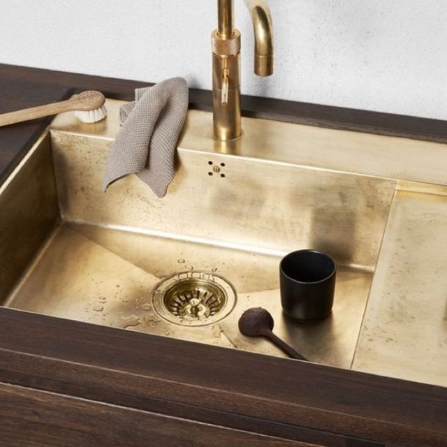 Aged Brass Kitchen Sink with Integrated Drainboard and Faucet