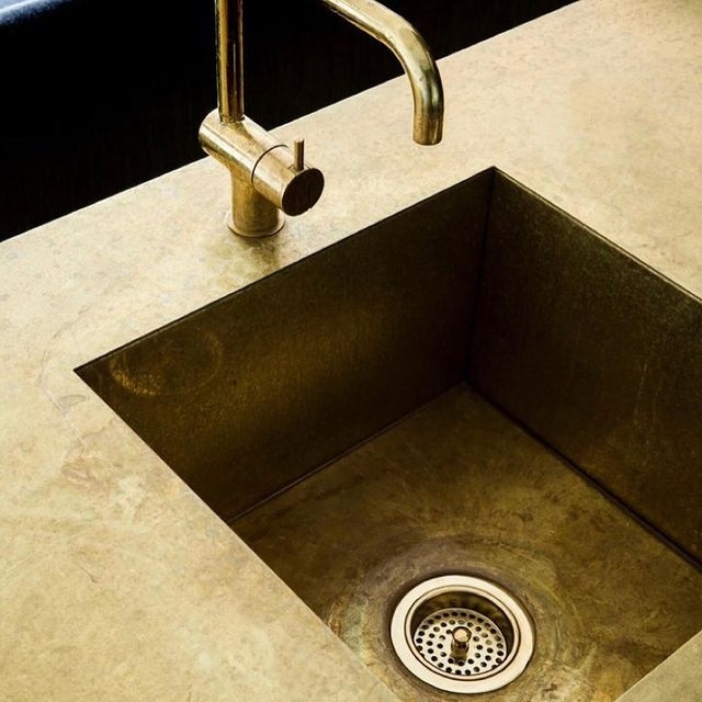 Aged Brass Square Kitchen Sink, Weathered Integrated Stone Design