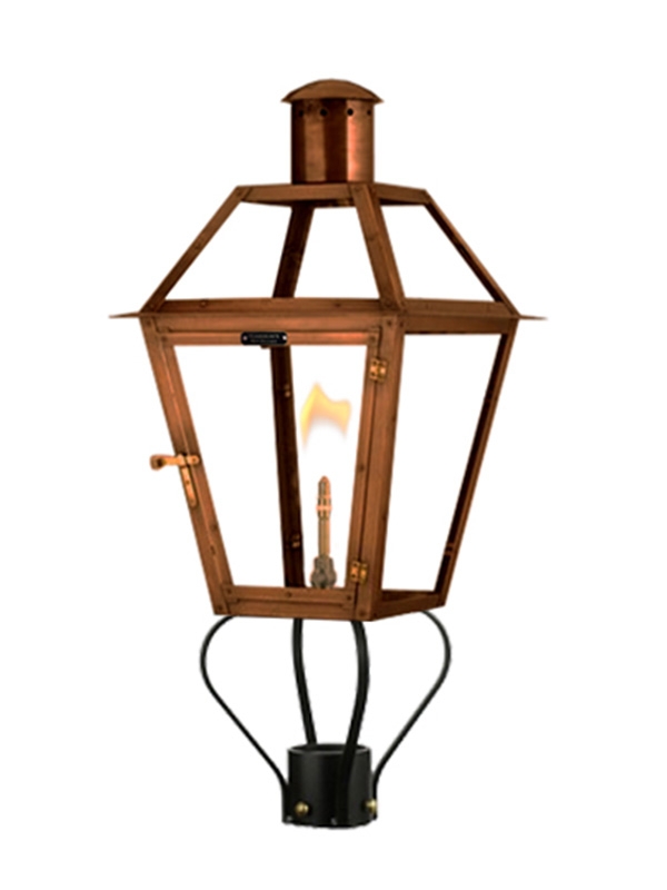 Aged Copper Post Mount Lantern with Unique Spider Mount Bracket