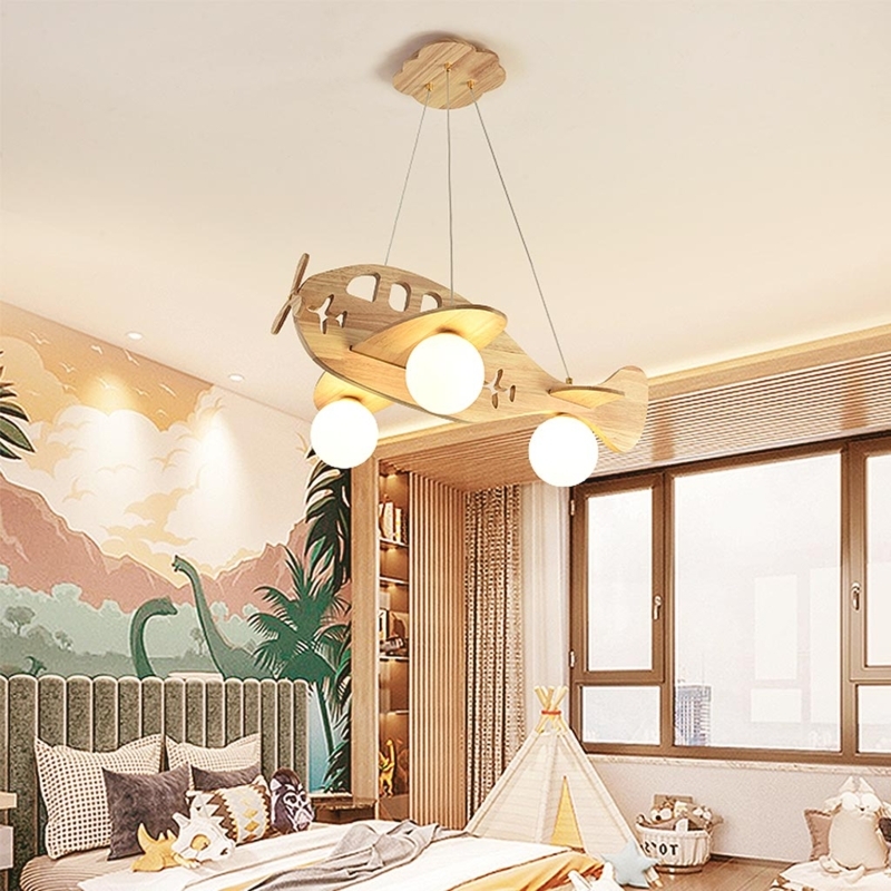 Airplane Pendant Light Natural Wood Cloud Canopy Triple Globes