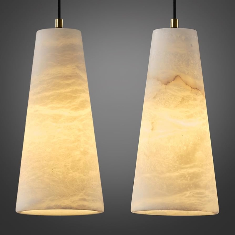 Alabaster Pendant Lights Set: Conical Stone Shades with Brushed Gold