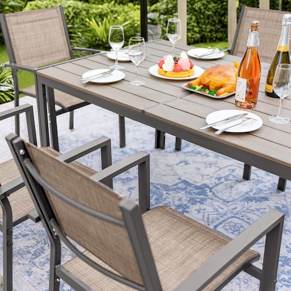 Alfresco Dining Set with 7 Pieces, Slatted Top and Mesh Chairs