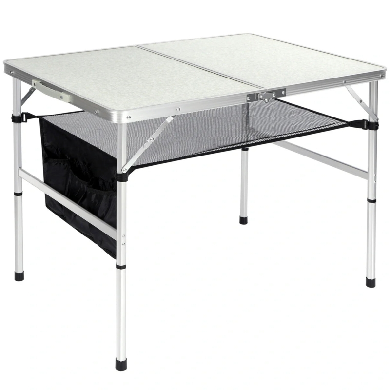 Aluminum Folding Camping Table with Mesh Storage Shelf and Organizer