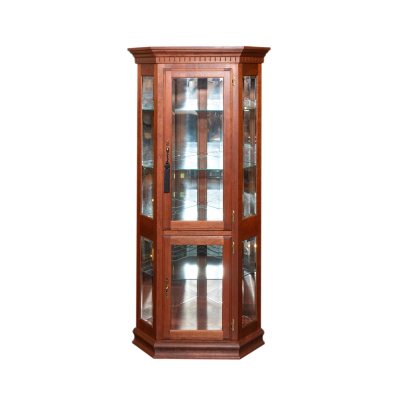 Amish Made Corner Curio Cabinet with Dentil Molding and Brass Hardware