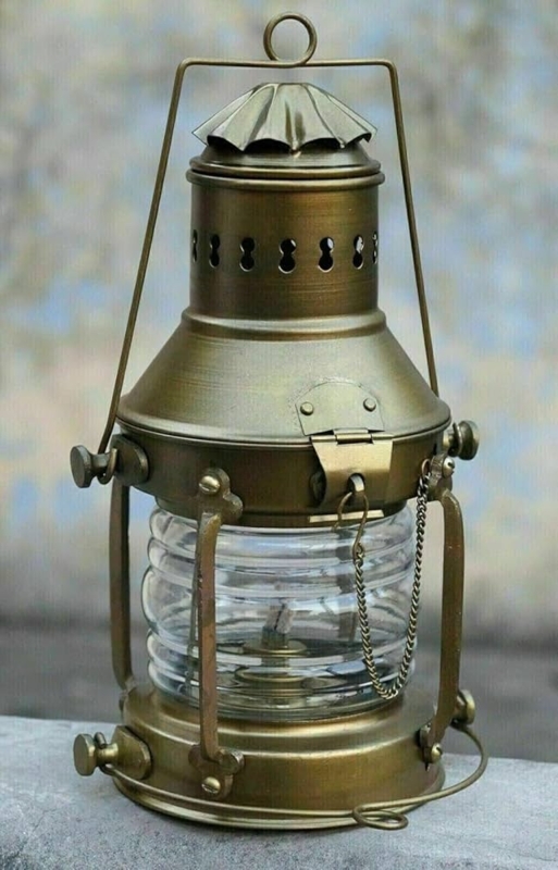 Anchor Lantern Security Chain Ribbed Glass Antique Finish Maritime