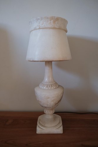 Antique Alabaster Table Lamp: Carved Floral Relief Urn Base