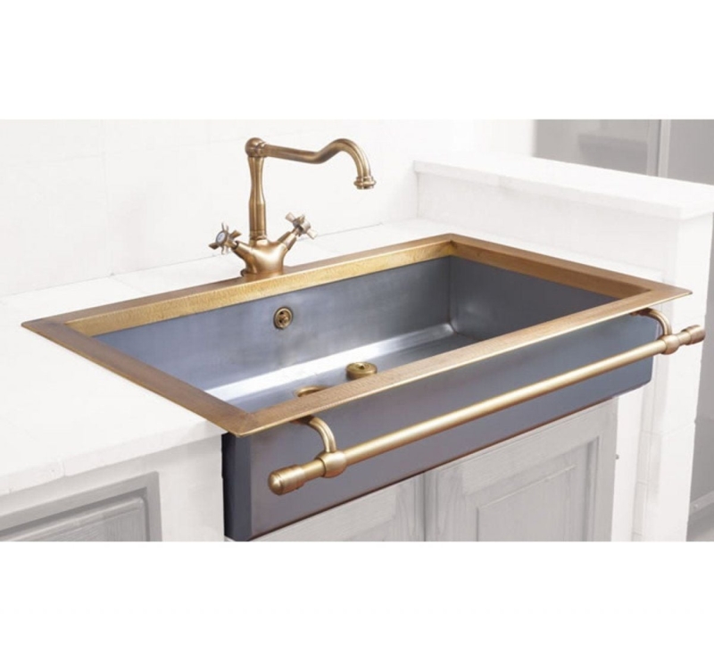 Antique Brass Apron Front Sink with Integrated Towel Bar Handle