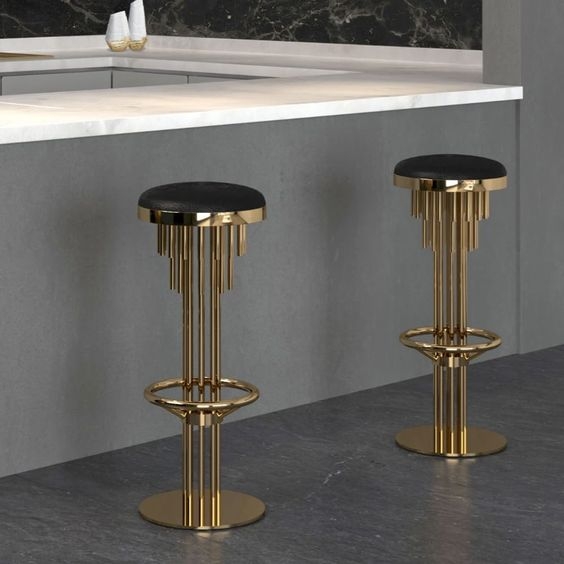Antique Brass Bar Stools with Tiered Rods Design and Round Seat