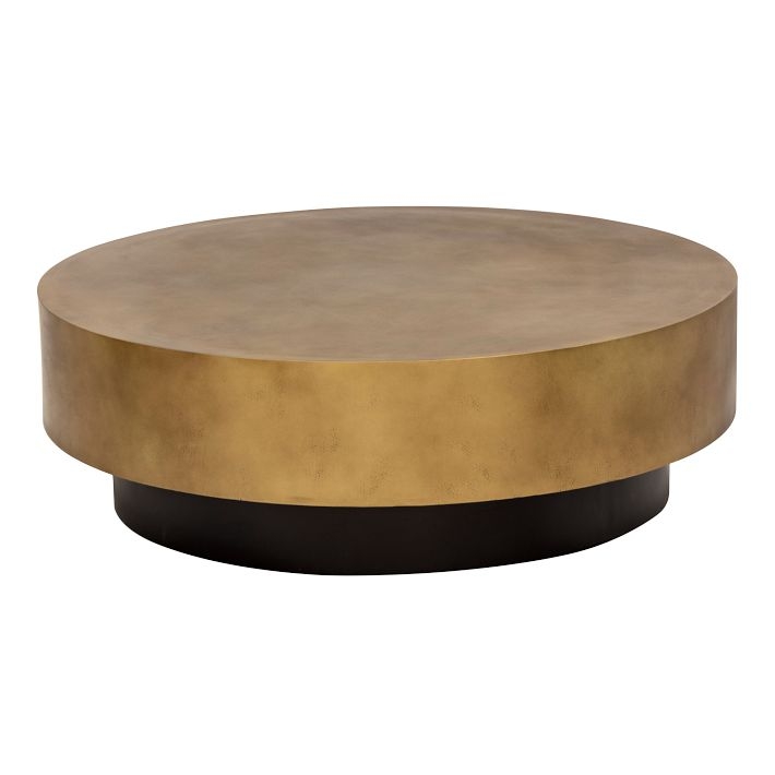 Antique Brass Drum Coffee Table Mottled Finish Two-Tone Plinth