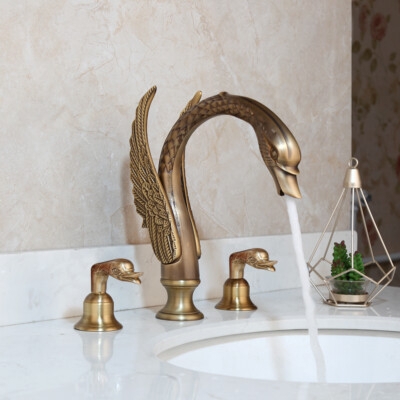 Antique Brass Swan Bathroom Faucet with Ornate Feathered Texture