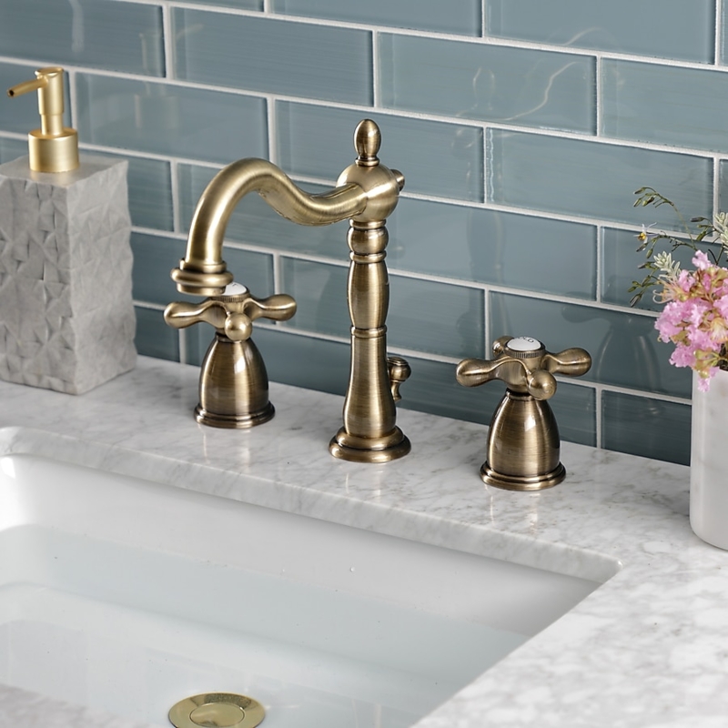 Antique Brass Widespread Faucet with Vintage Porcelain Cross Handles