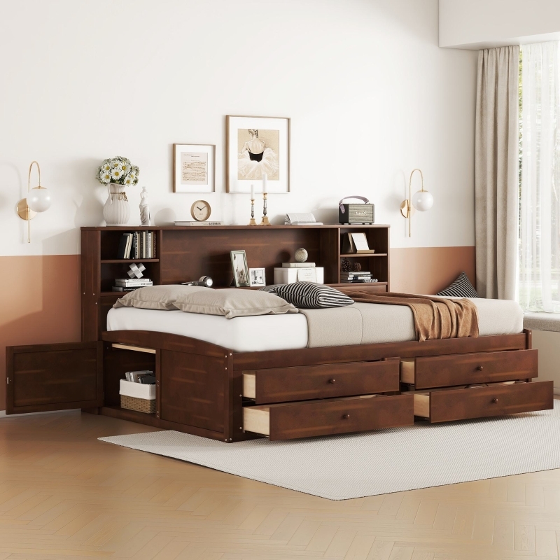 Antique Brown Captains Bed with Bookcase Headboard & Drawers