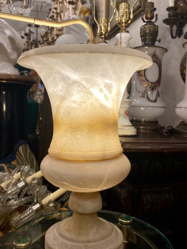 Antique Carved Alabaster Urn Table Lamp with Gold-Toned Curved Arm