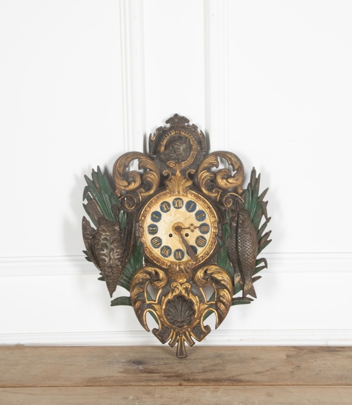 Antique Cast Iron Wall Clock featuring Detailed Hunting Motifs