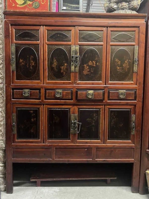 Antique Chinese Eight Door Cabinet Oval Lacquer Panels