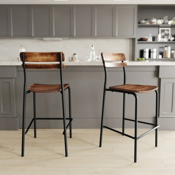 Antique Copper Finish Stool with Slat Back and Matte Black Frame