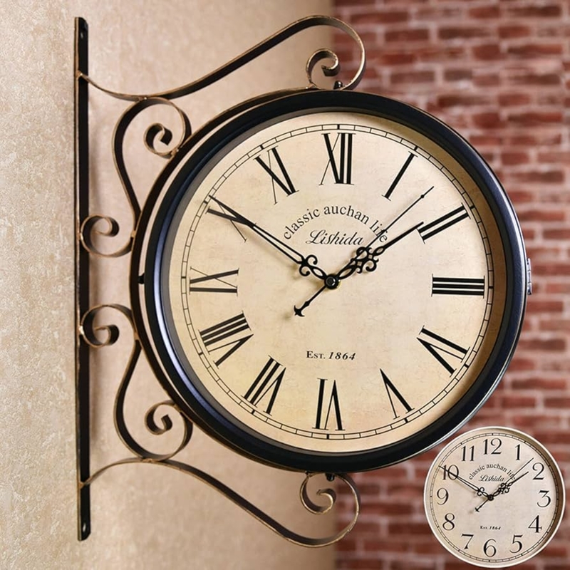 Antique Double-Sided Wall Clock with Warm Beige Dial and Scrollwork