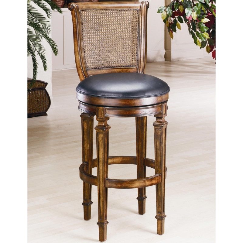 Antique Finish Bar Stool with Circular Footrest Ring & Fluted Legs
