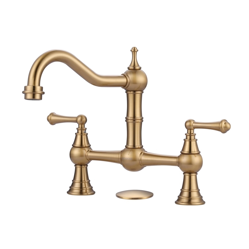 Antique Gold Bridge Kitchen Faucet with High Arc Swivel Spout