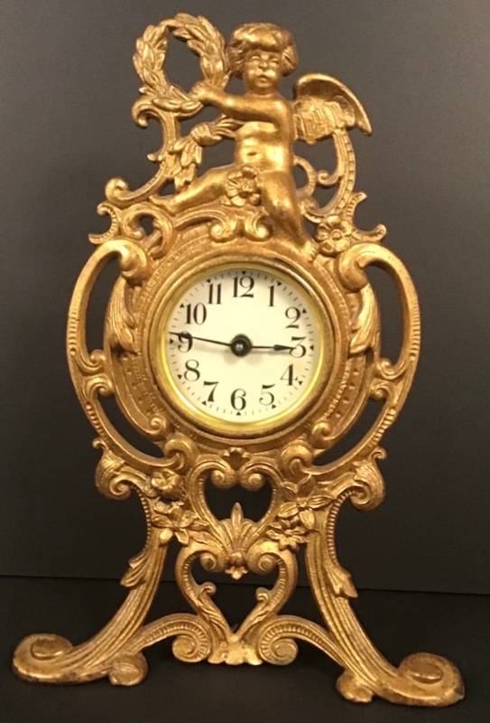 Antique Gold Mantel Clock with Cherub Finial and Heart Base