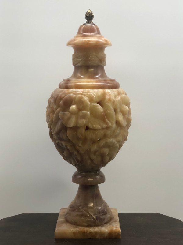 Antique Italian Carved Alabaster Newel Post Lamp, Floral Relief