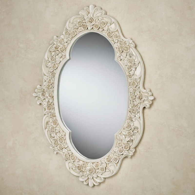 Antique Ivory Oval Mirror with Sculptural Carved Roses