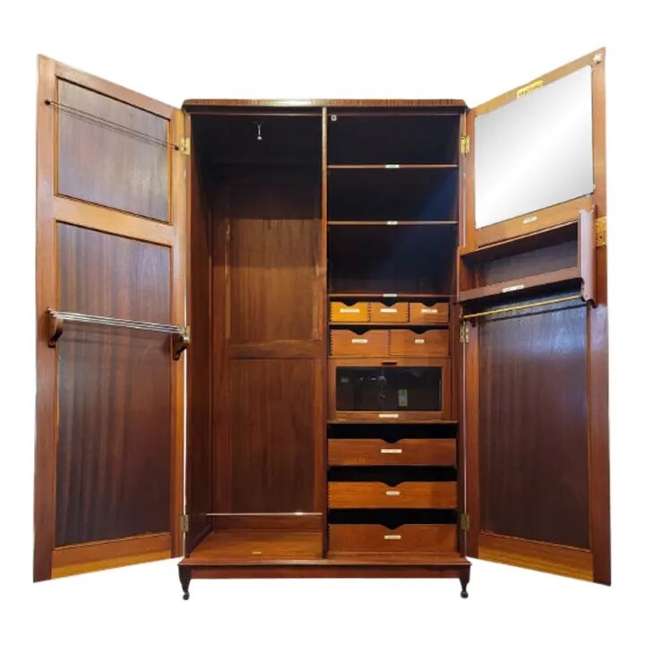 Antique Mahogany Gentleman's Compactum Armoire with Labeled Drawers and Interior Mirror.