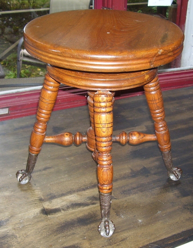 Antique Maple Piano Stool Cast Iron Claws Glass Ball Feet Swivel Seat