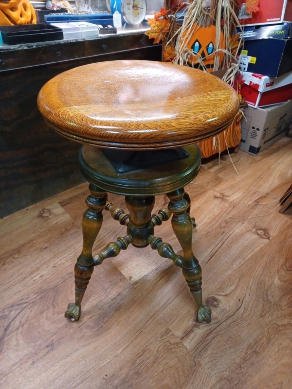 Antique Piano Stool Adjustable Eagle Claw Foot Glass Ball Honey Oak Glossy