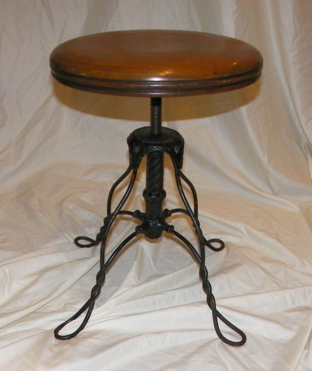 Antique Piano Stool Twisted Wire Iron Base Looped Feet Adjustable Seat