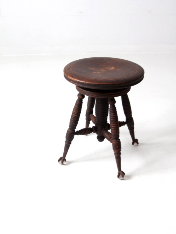 Antique Swivel Piano Stool Threaded Screw Claw and Ball Feet Walnut