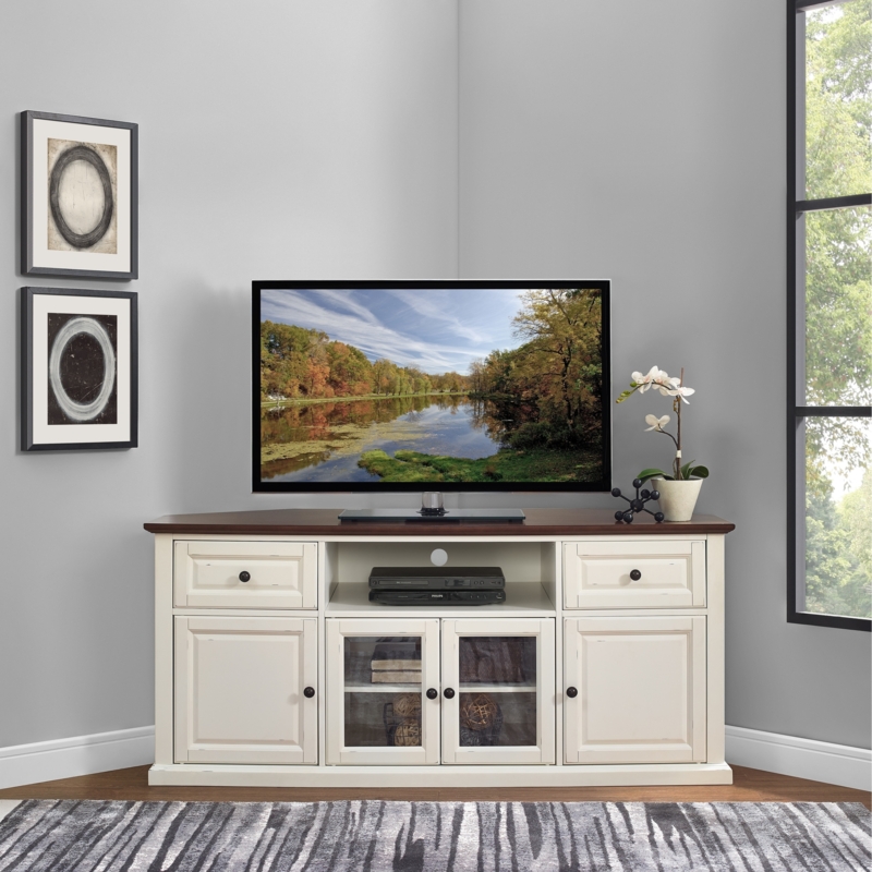Antique White Corner TV Stand with Mahogany Top and Glass Doors