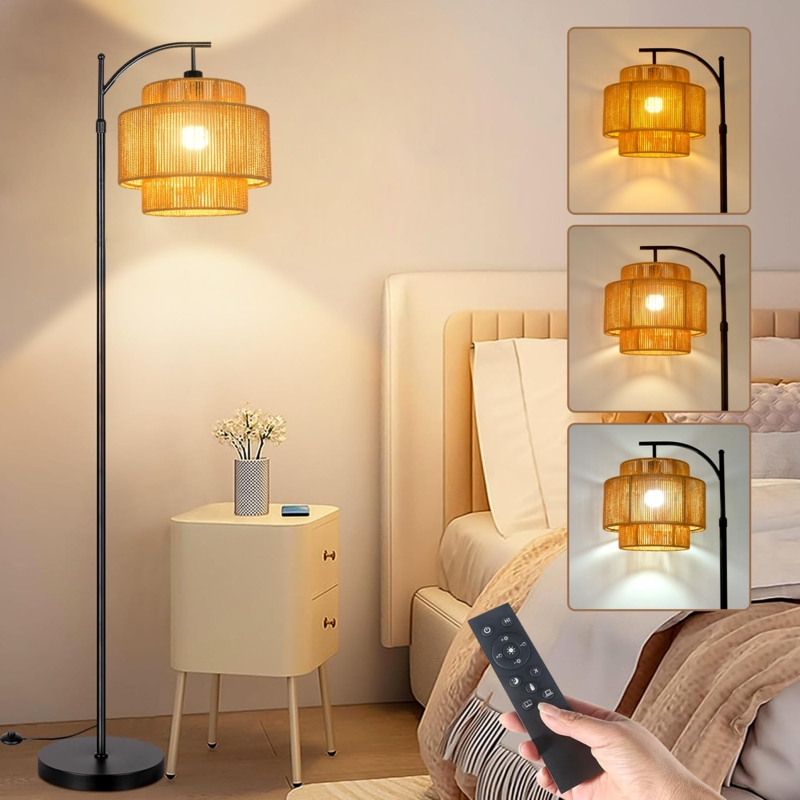 Arc Floor Lamp: Boho Tiered Rattan Shade Black Frame Dimmable Remote