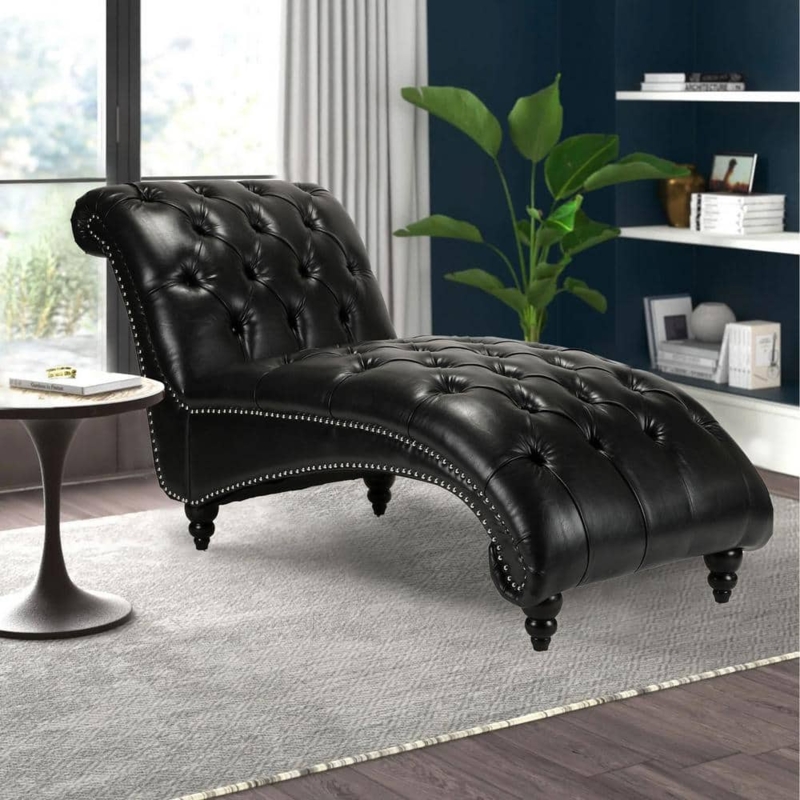 Arched Black Leatherette Chaise Lounge with Turned Legs and Nailhead