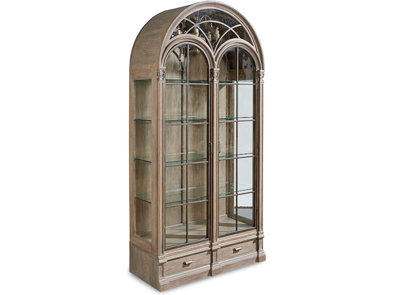 Arched Curio Cabinet Weathered Parchment Finish Cathedral Muntins