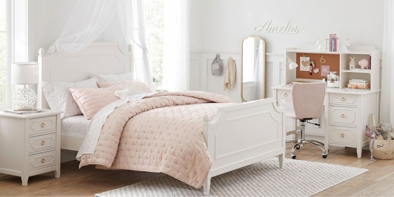 Arched Panel Bed Set Classic Transitional White Blush Pink Gold Hardware