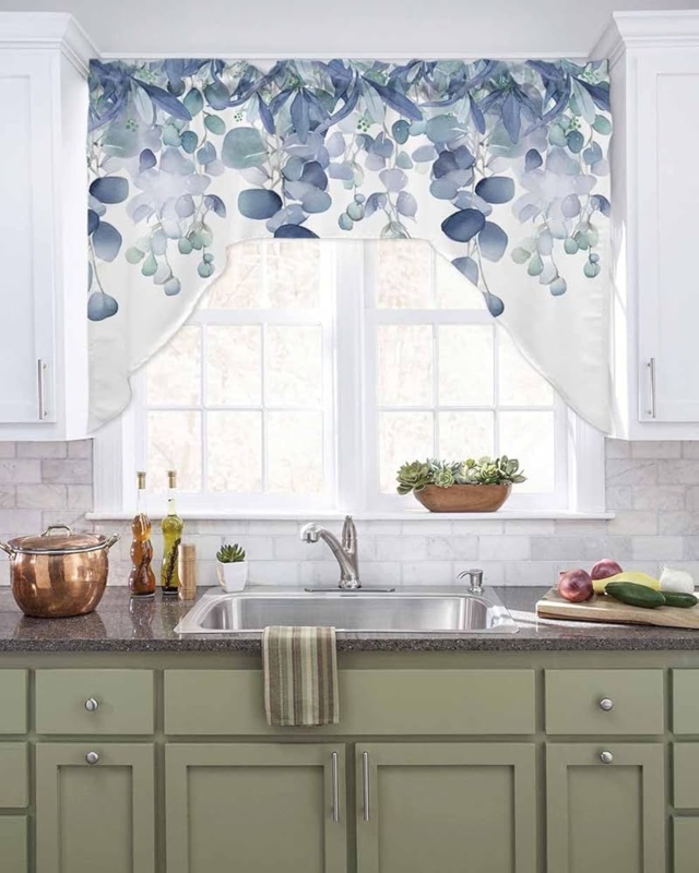 Arched Swag Valance, Blue Eucalyptus Leaf Pattern for Kitchens