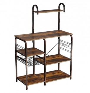 Arched Top Bakers Rack, Side Utility Hooks, Rustic Wood Finish