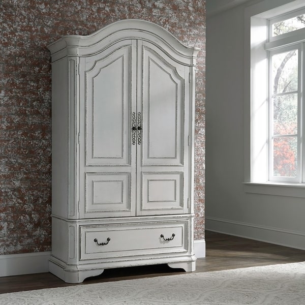 Arched Top French Country Armoire with Distressed White Finish and Scroll Hardware.