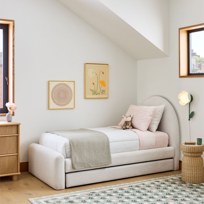 Arched Upholstered Trundle Bed in Warm Beige Boucle Texture