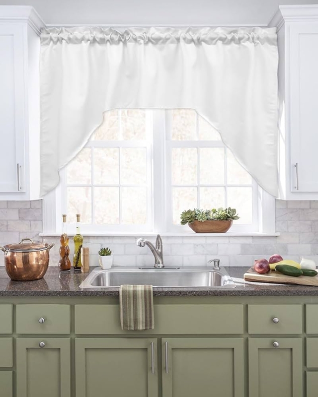 Arched Valance, Solid White Fabric with Rod Pocket for Kitchens