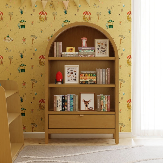 Arched Wood Bookcase in Honey Oak with Bottom Storage Drawer
