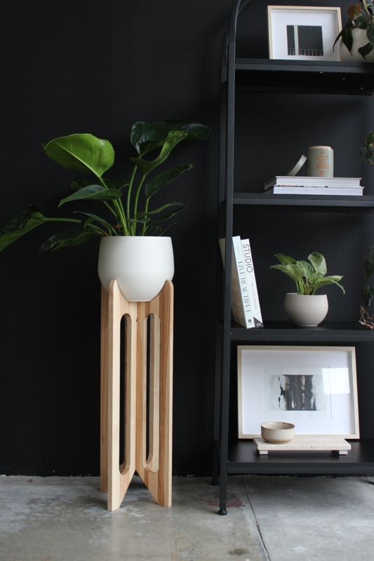 Arched Wood Plant Stand with Cutouts and Matte White Pot Duo.