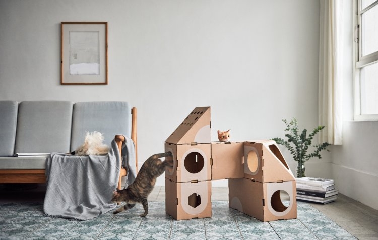Architectural Cardboard Cat Dwelling with Interchangeable Parts