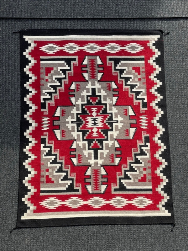Area Rug Ganado Pattern with Bold Red Field and Corner Fringe