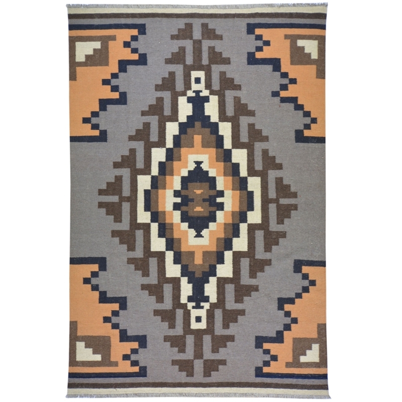 Area Rug in Heathered Gray with Burnt Orange Geometric Medallion