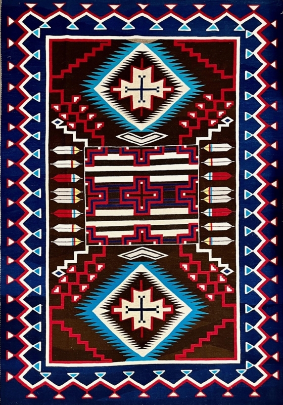 Area Rug Large Scale with Navy Blue Border and Feather Elements